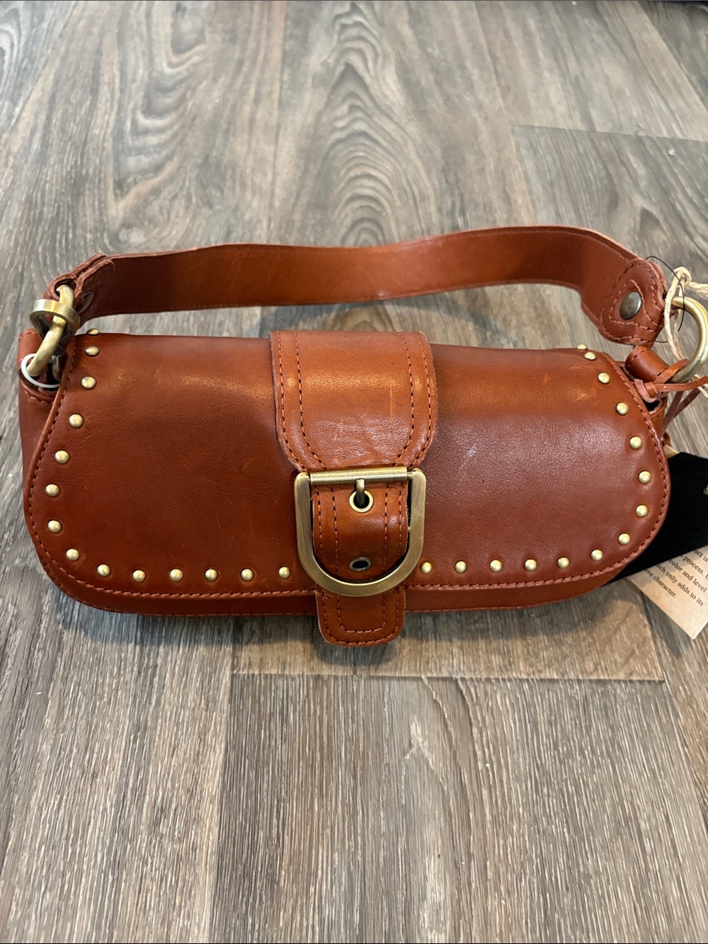 Studded Cognac genuine Leather Shoulder Bag with Gold Buckle